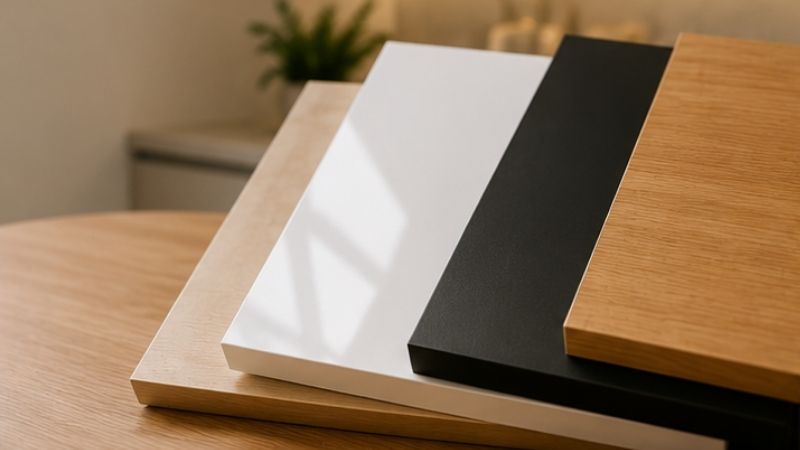 Muestras de paneles y acabados para cocina, clóset, oficina, vitrina y revestimiento, con énfasis en resistencia, apariencia y durabilidad.