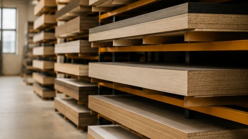 Banner sobre disponibilidad y respaldo de paneles para carpinteros, fabricantes y distribuidores, destacando variedad, asesoría y entregas confiables.